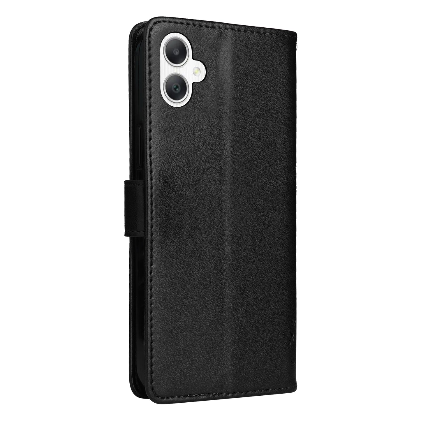 KT Imprinting Flower Series-3 For Samsung Galaxy A06 Case Cat Tree Pattern Flip Leather Phone Cover - Black
