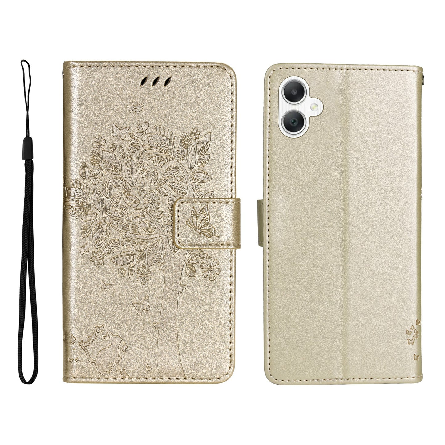 KT Imprinting Flower Series-3 For Samsung Galaxy A06 Case Cat Tree Pattern Flip Leather Phone Cover - Gold