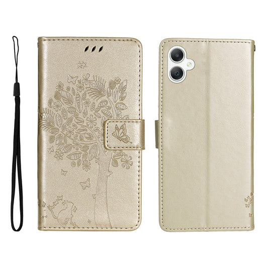 KT Imprinting Flower Series-3 For Samsung Galaxy A06 Case Cat Tree Pattern Flip Leather Phone Cover - Gold