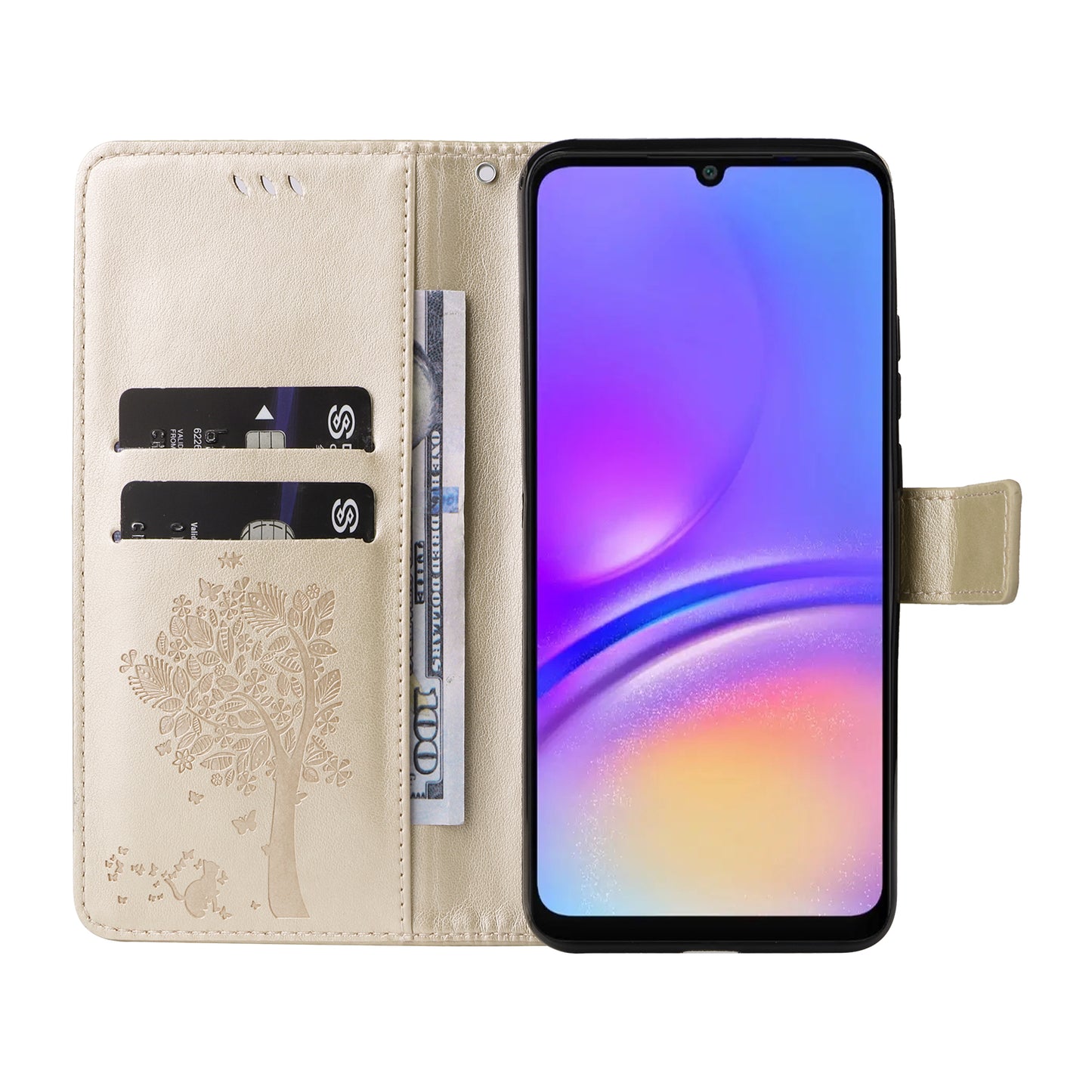 KT Imprinting Flower Series-3 For Samsung Galaxy A06 Case Cat Tree Pattern Flip Leather Phone Cover - Gold