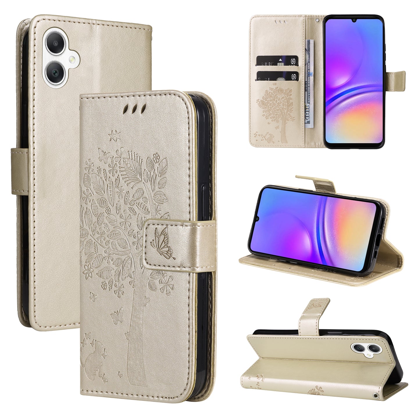 KT Imprinting Flower Series-3 For Samsung Galaxy A06 Case Cat Tree Pattern Flip Leather Phone Cover - Gold