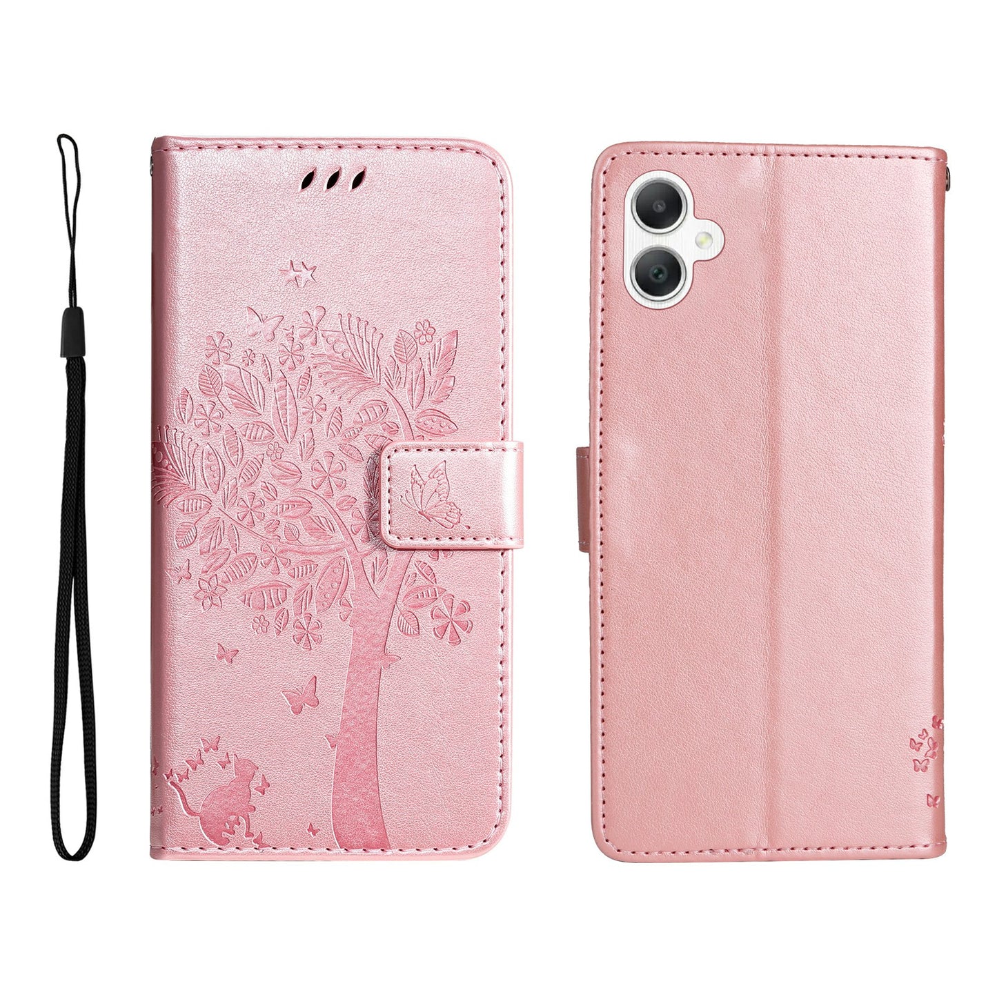 KT Imprinting Flower Series-3 For Samsung Galaxy A06 Case Cat Tree Pattern Flip Leather Phone Cover - Rose Gold