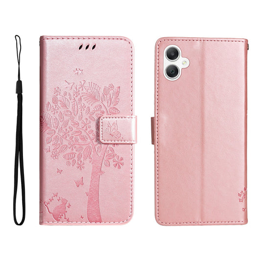 KT Imprinting Flower Series-3 For Samsung Galaxy A06 Case Cat Tree Pattern Flip Leather Phone Cover - Rose Gold