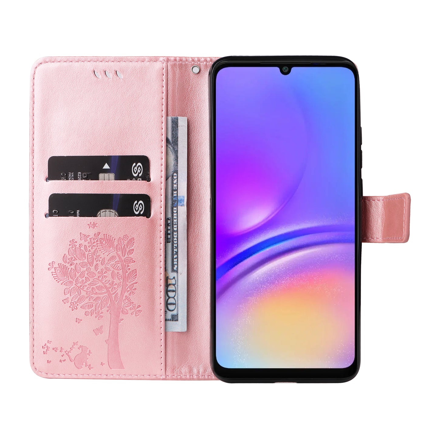 KT Imprinting Flower Series-3 For Samsung Galaxy A06 Case Cat Tree Pattern Flip Leather Phone Cover - Rose Gold