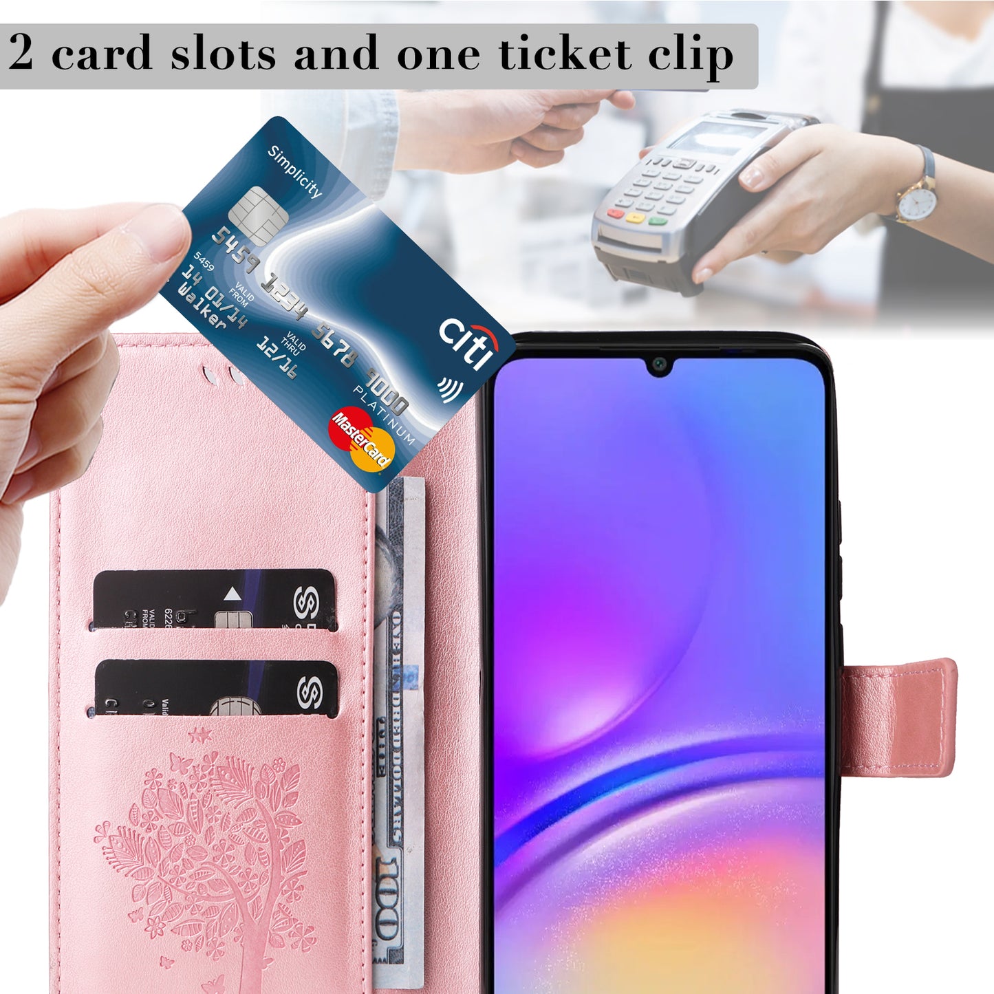 KT Imprinting Flower Series-3 For Samsung Galaxy A06 Case Cat Tree Pattern Flip Leather Phone Cover - Rose Gold