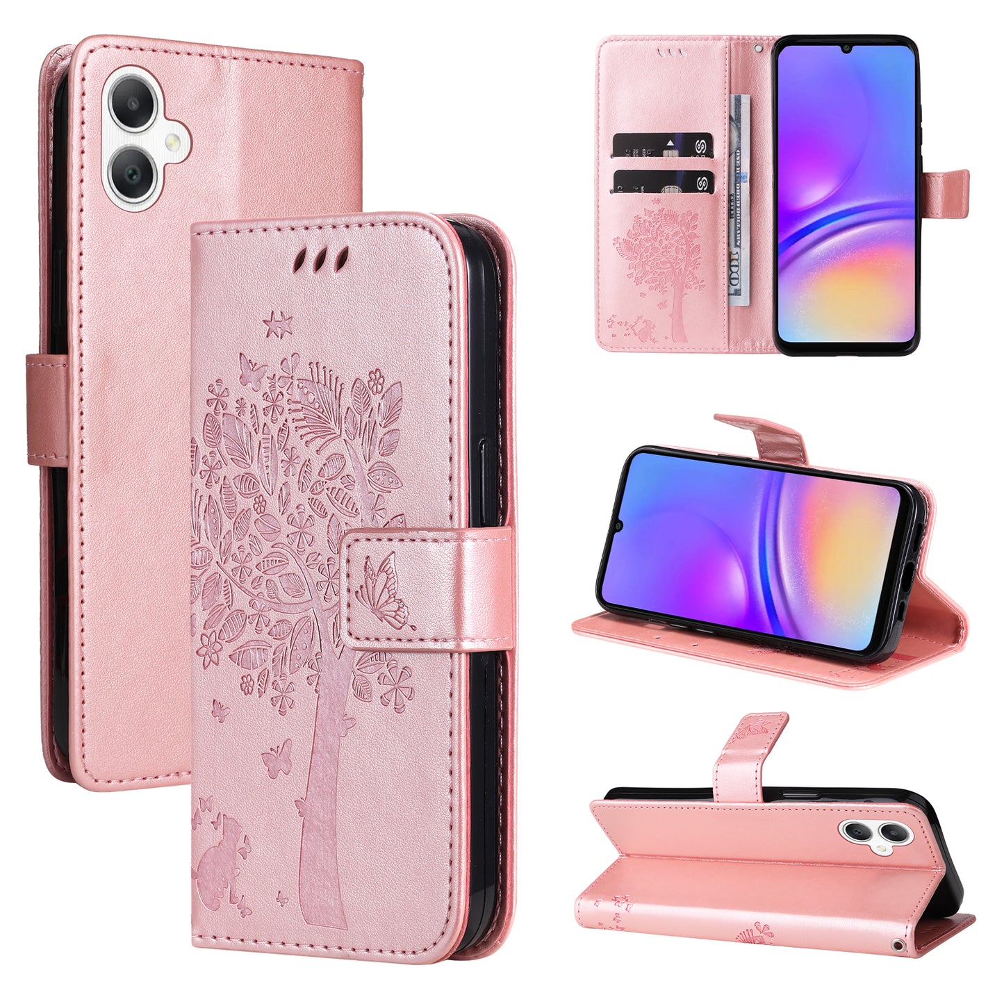 KT Imprinting Flower Series-3 For Samsung Galaxy A06 Case Cat Tree Pattern Flip Leather Phone Cover - Rose Gold