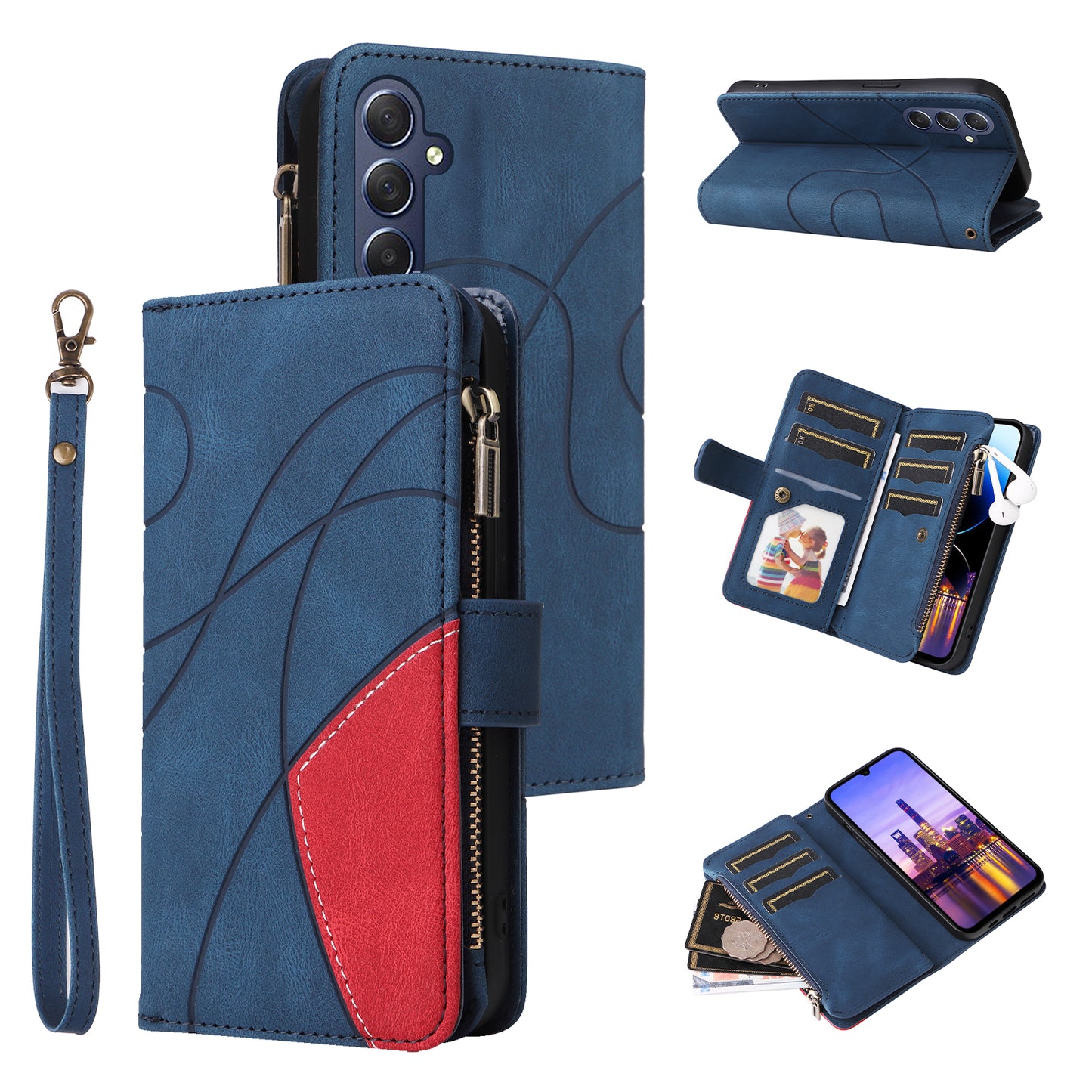 KT Multi-Function Series-5 For Samsung Galaxy A16 5G / A16 4G Case Zipper Wallet Leather Phone Cover Stand - Blue