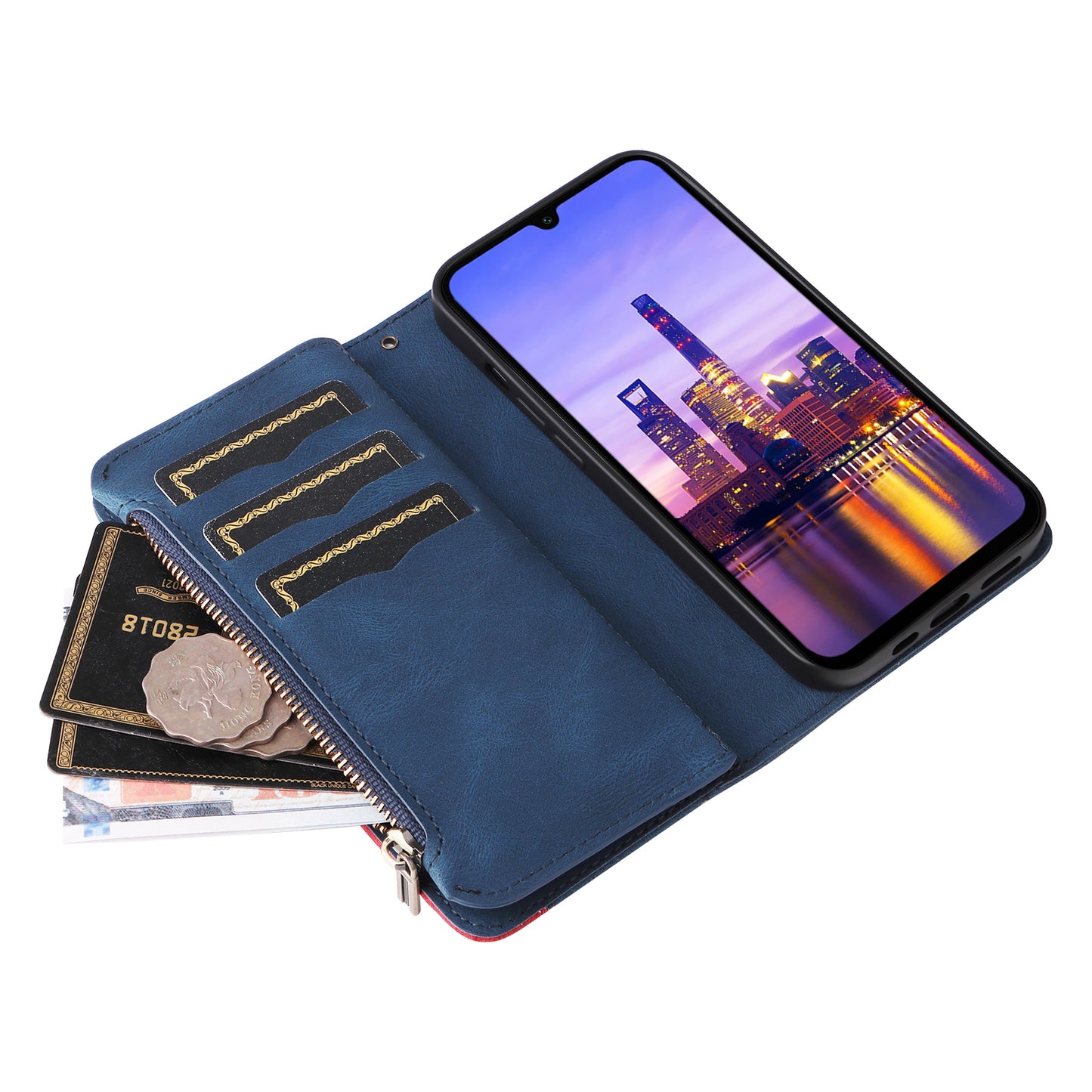 KT Multi-Function Series-5 For Samsung Galaxy A16 5G / A16 4G Case Zipper Wallet Leather Phone Cover Stand - Blue