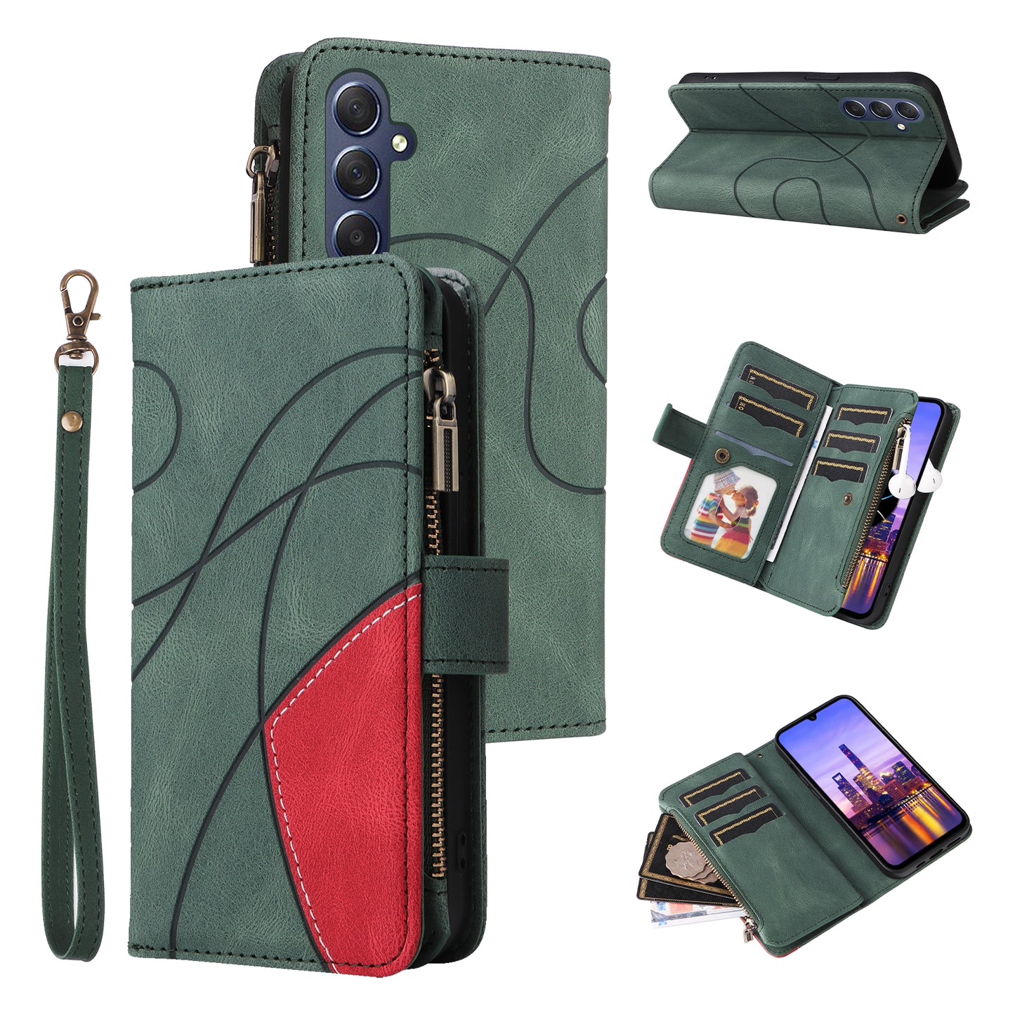 KT Multi-Function Series-5 For Samsung Galaxy A16 5G / A16 4G Case Zipper Wallet Leather Phone Cover Stand - Green