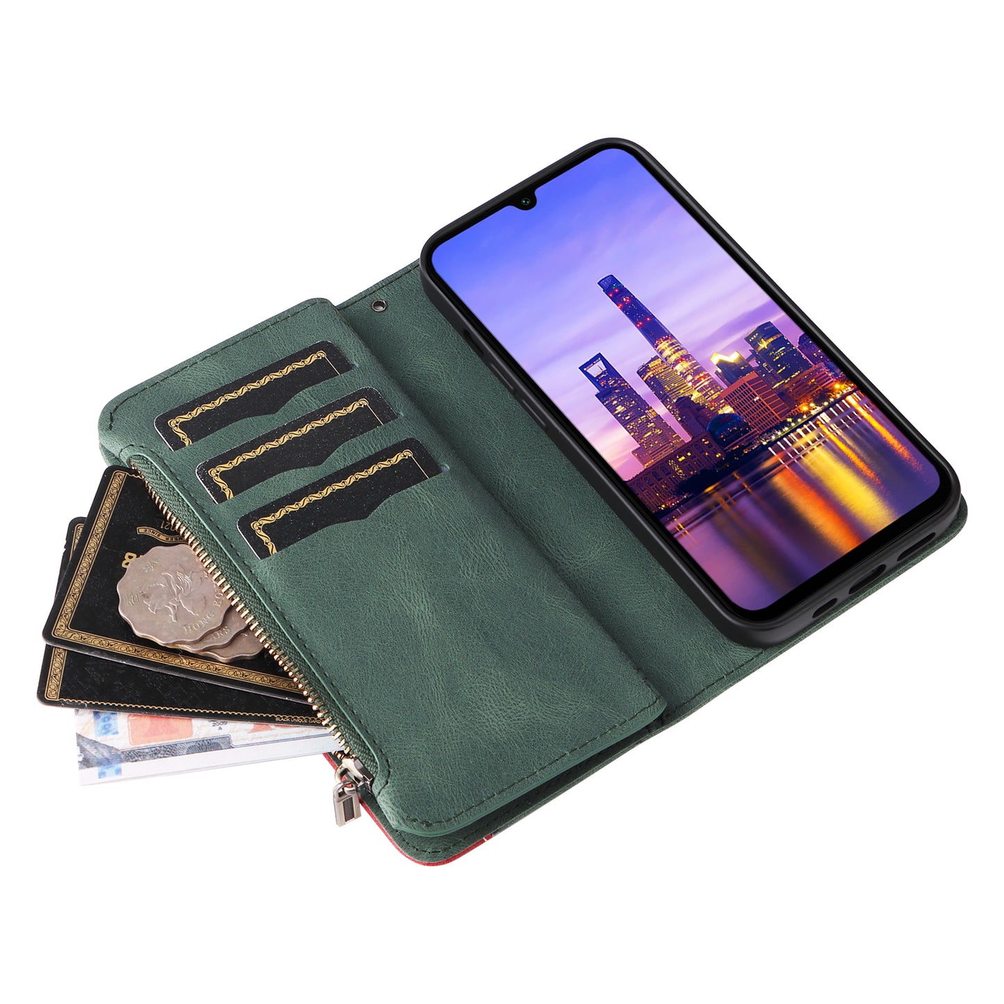 KT Multi-Function Series-5 For Samsung Galaxy A16 5G / A16 4G Case Zipper Wallet Leather Phone Cover Stand - Green