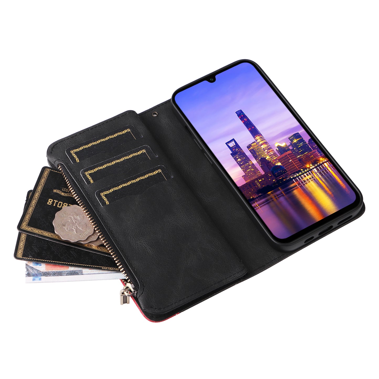 KT Multi-Function Series-5 For Samsung Galaxy A16 5G / A16 4G Case Zipper Wallet Leather Phone Cover Stand - Black