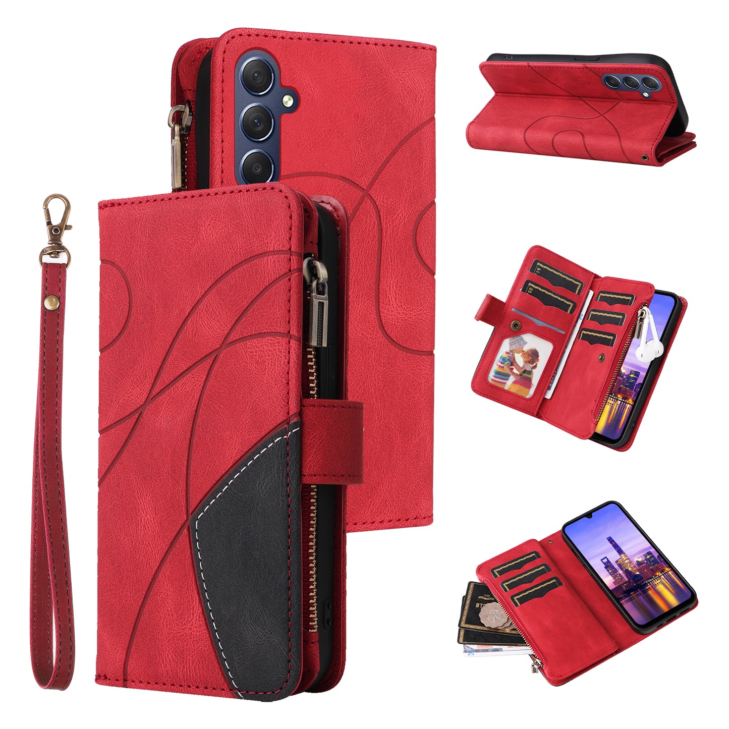 KT Multi-Function Series-5 For Samsung Galaxy A16 5G / A16 4G Case Zipper Wallet Leather Phone Cover Stand - Red