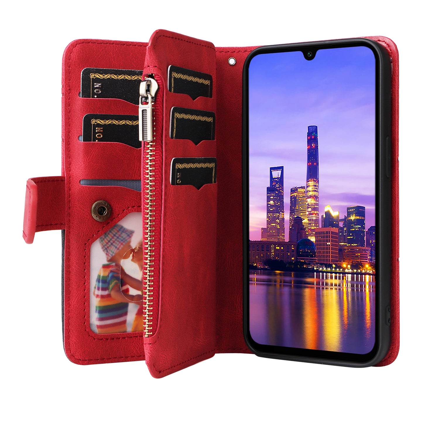 KT Multi-Function Series-5 For Samsung Galaxy A16 5G / A16 4G Case Zipper Wallet Leather Phone Cover Stand - Red