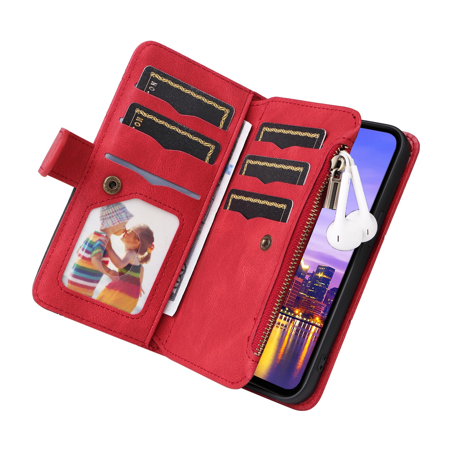 KT Multi-Function Series-5 For Samsung Galaxy A16 5G / A16 4G Case Zipper Wallet Leather Phone Cover Stand - Red