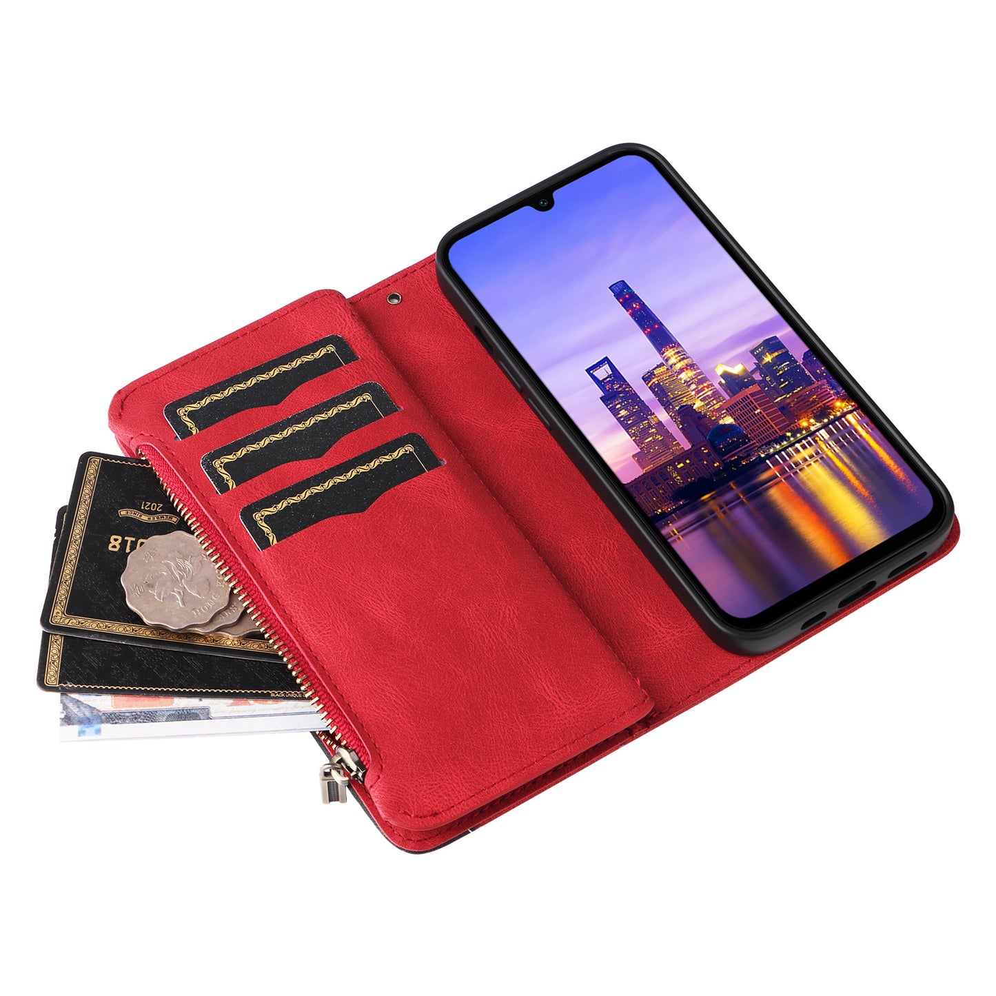 KT Multi-Function Series-5 For Samsung Galaxy A16 5G / A16 4G Case Zipper Wallet Leather Phone Cover Stand - Red
