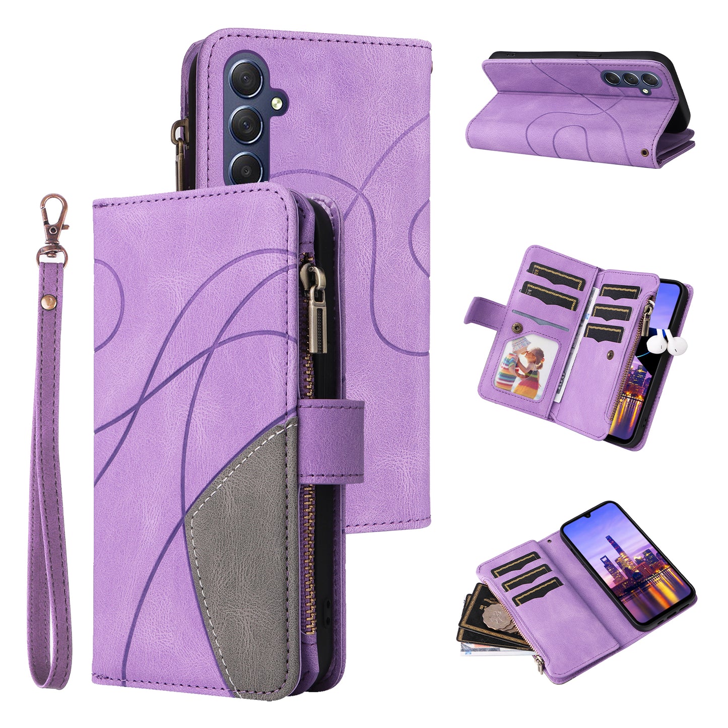 KT Multi-Function Series-5 For Samsung Galaxy A16 5G / A16 4G Case Zipper Wallet Leather Phone Cover Stand - Purple