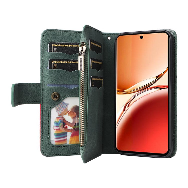 KT Multi-Function Series-5 For Oppo Reno12 F 5G Case Zipper Wallet Leather Phone Cover Stand - Green