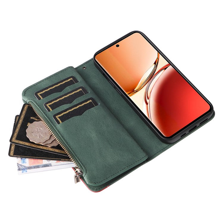 KT Multi-Function Series-5 For Oppo Reno12 F 5G Case Zipper Wallet Leather Phone Cover Stand - Green