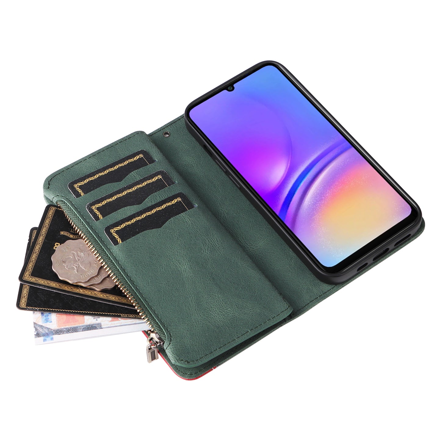 KT Multi-Function Series-5 For Samsung Galaxy A06 Case Zipper Wallet Leather Phone Cover Stand - Green