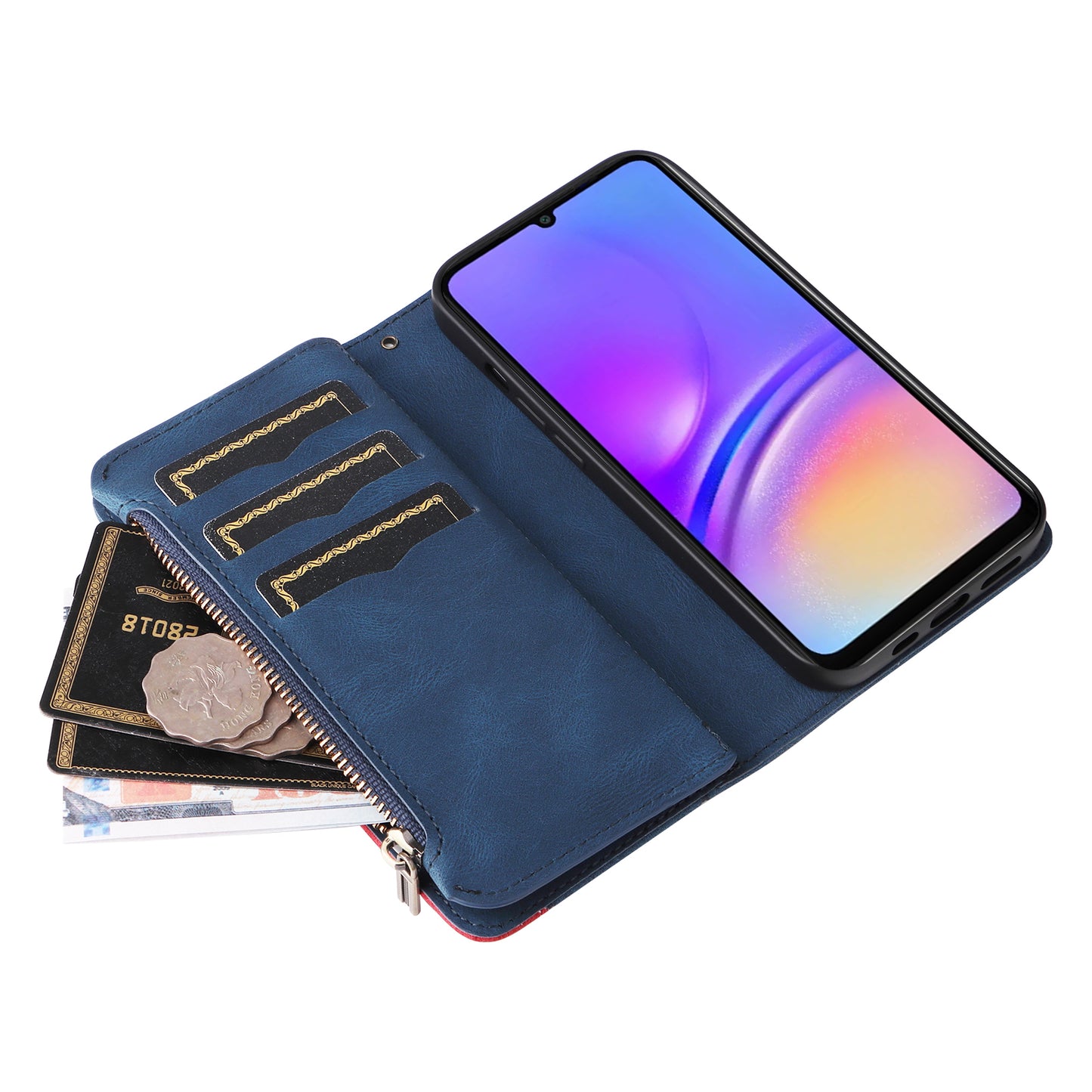 KT Multi-Function Series-5 For Samsung Galaxy A06 Case Zipper Wallet Leather Phone Cover Stand - Blue