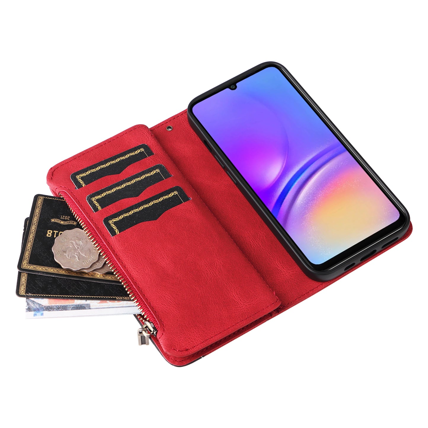 KT Multi-Function Series-5 For Samsung Galaxy A06 Case Zipper Wallet Leather Phone Cover Stand - Red