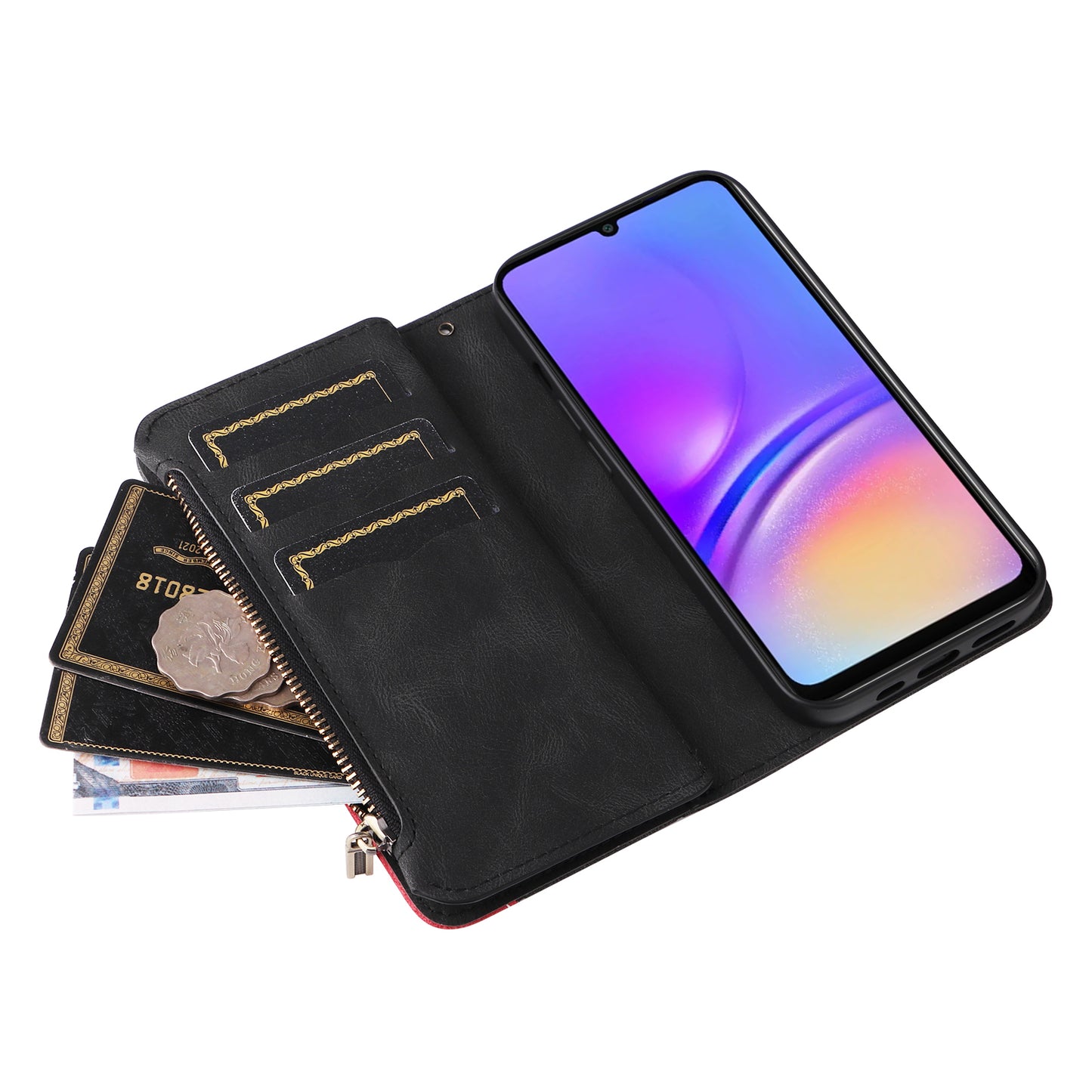 KT Multi-Function Series-5 For Samsung Galaxy A06 Case Zipper Wallet Leather Phone Cover Stand - Black