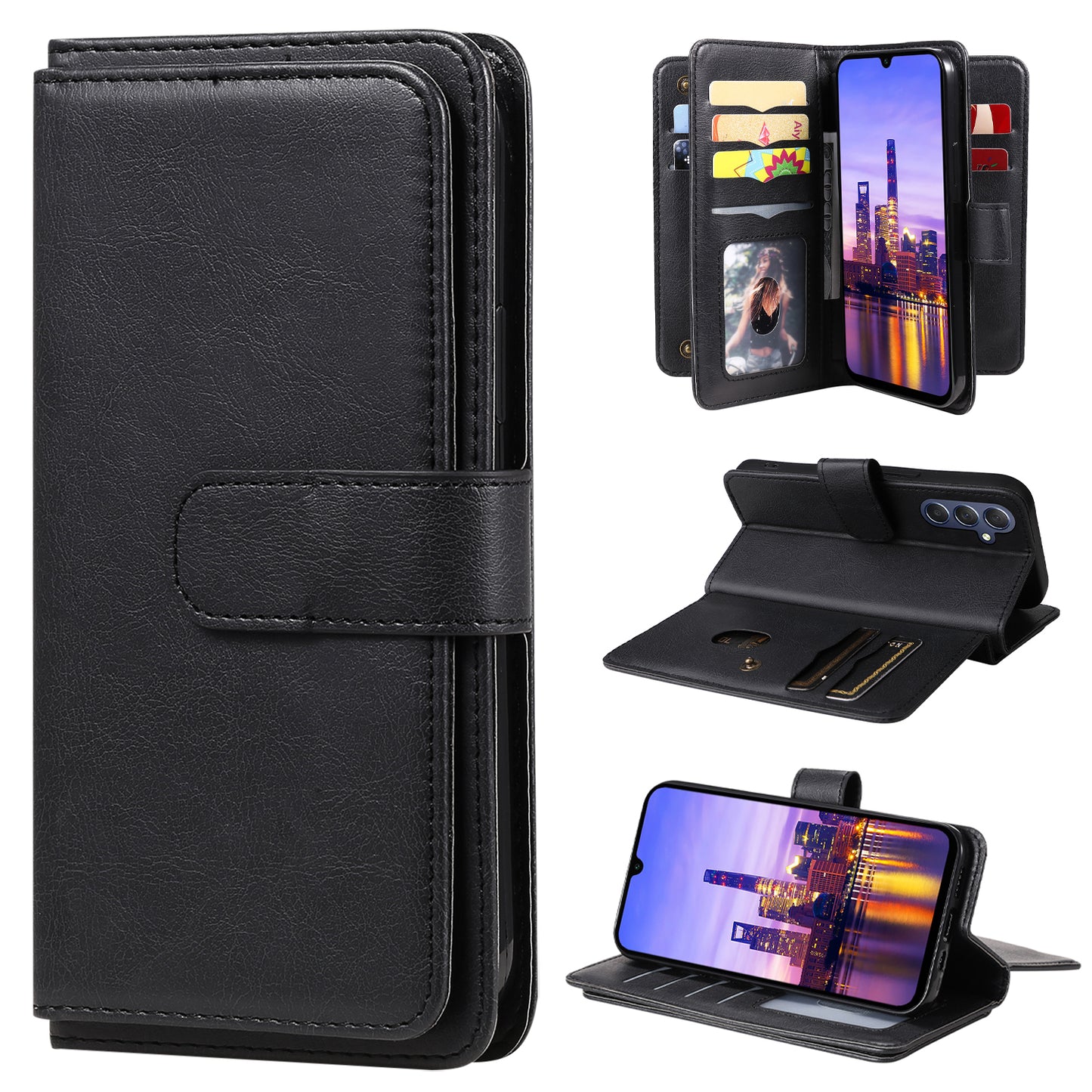 KT Multi-Functional Series-1 For Samsung Galaxy A16 5G / A16 4G Case 10 Card Holder Leather Phone Cover Stand - Black