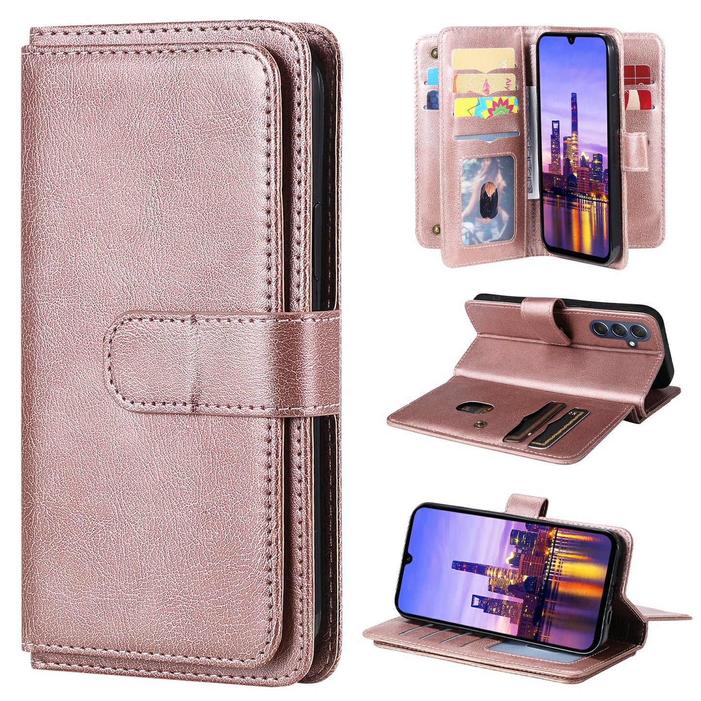 KT Multi-Functional Series-1 For Samsung Galaxy A16 5G / A16 4G Case 10 Card Holder Leather Phone Cover Stand - Rose Gold