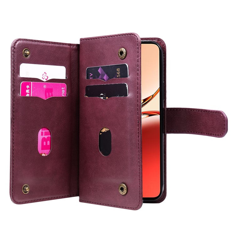 KT Multi-Functional Series-1 For Oppo Reno12 F 5G Case 10 Card Holder Leather Phone Cover Stand - Wine Red