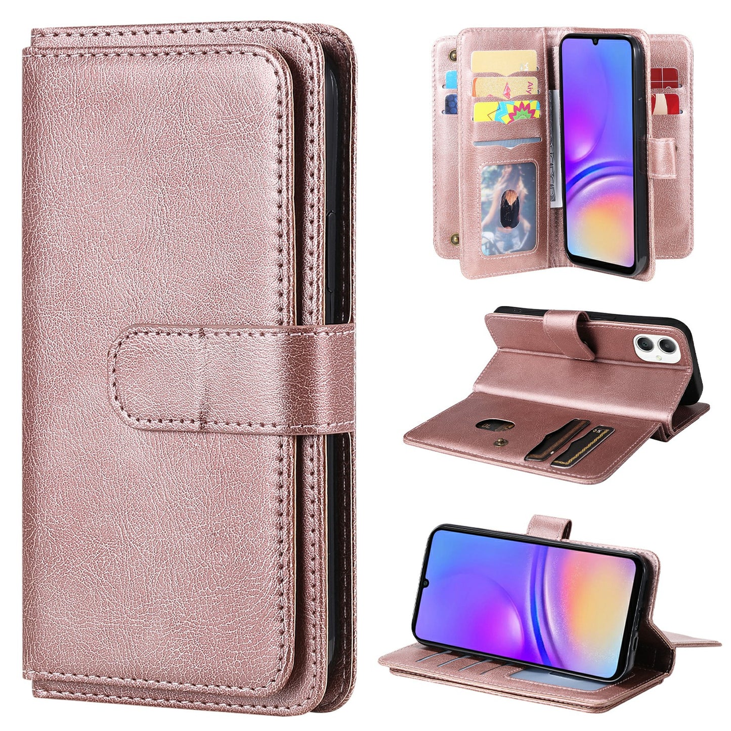 KT Multi-Functional Series-1 For Samsung Galaxy A06 Case 10 Card Holder Leather Phone Cover Stand - Rose Gold