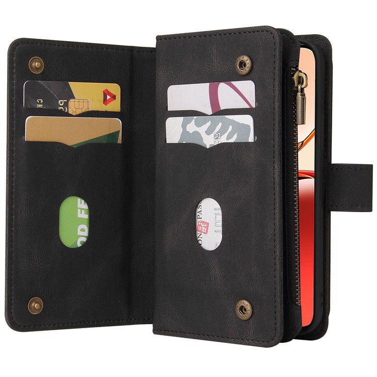 KT Multi-Functional Series-2 For Oppo Reno12 F 5G Phone Case Zipper Wallet Leather Stand Cover - Black