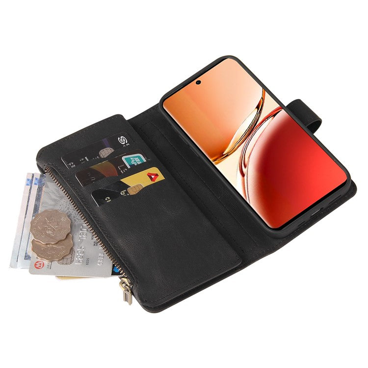 KT Multi-Functional Series-2 For Oppo Reno12 F 5G Phone Case Zipper Wallet Leather Stand Cover - Black