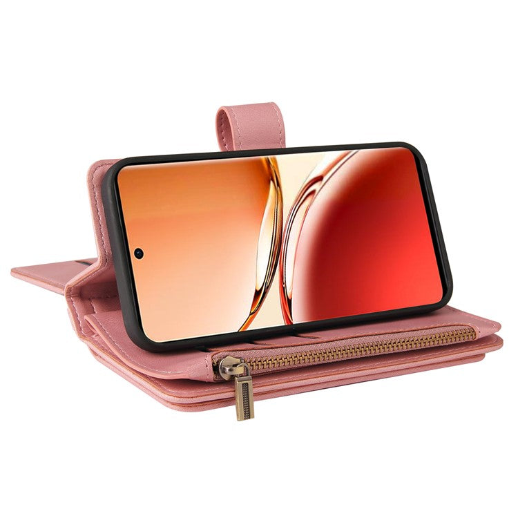 KT Multi-Functional Series-2 For Oppo Reno12 F 5G Phone Case Zipper Wallet Leather Stand Cover - Pink