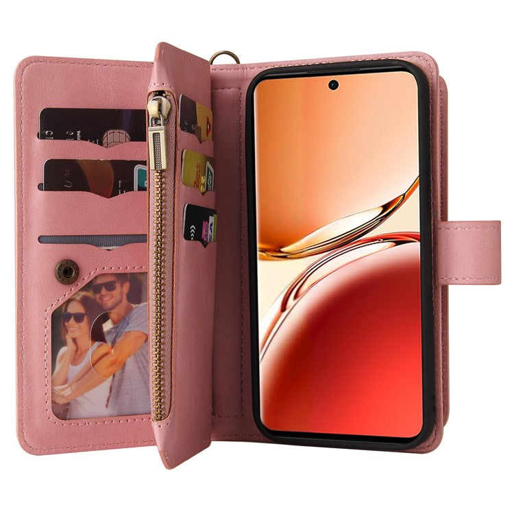 KT Multi-Functional Series-2 For Oppo Reno12 F 5G Phone Case Zipper Wallet Leather Stand Cover - Pink