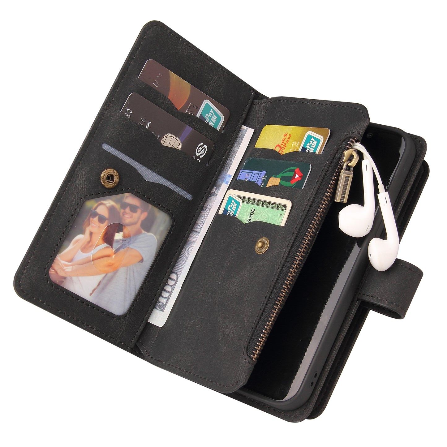 KT Multi-Functional Series-2 For Samsung Galaxy A06 Phone Case Zipper Wallet Leather Stand Cover - Black