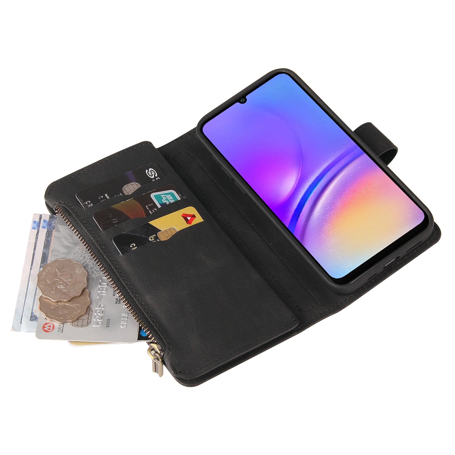 KT Multi-Functional Series-2 For Samsung Galaxy A06 Phone Case Zipper Wallet Leather Stand Cover - Black