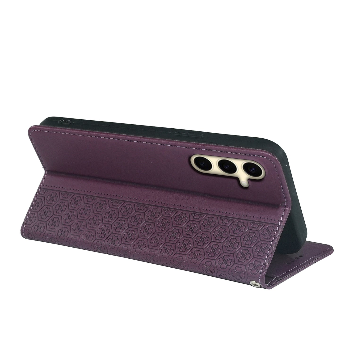 For Samsung Galaxy A16 5G / A16 4G Case Four-Leaf Clover Leather Flip Phone Cover Stand Wallet - Dark Purple