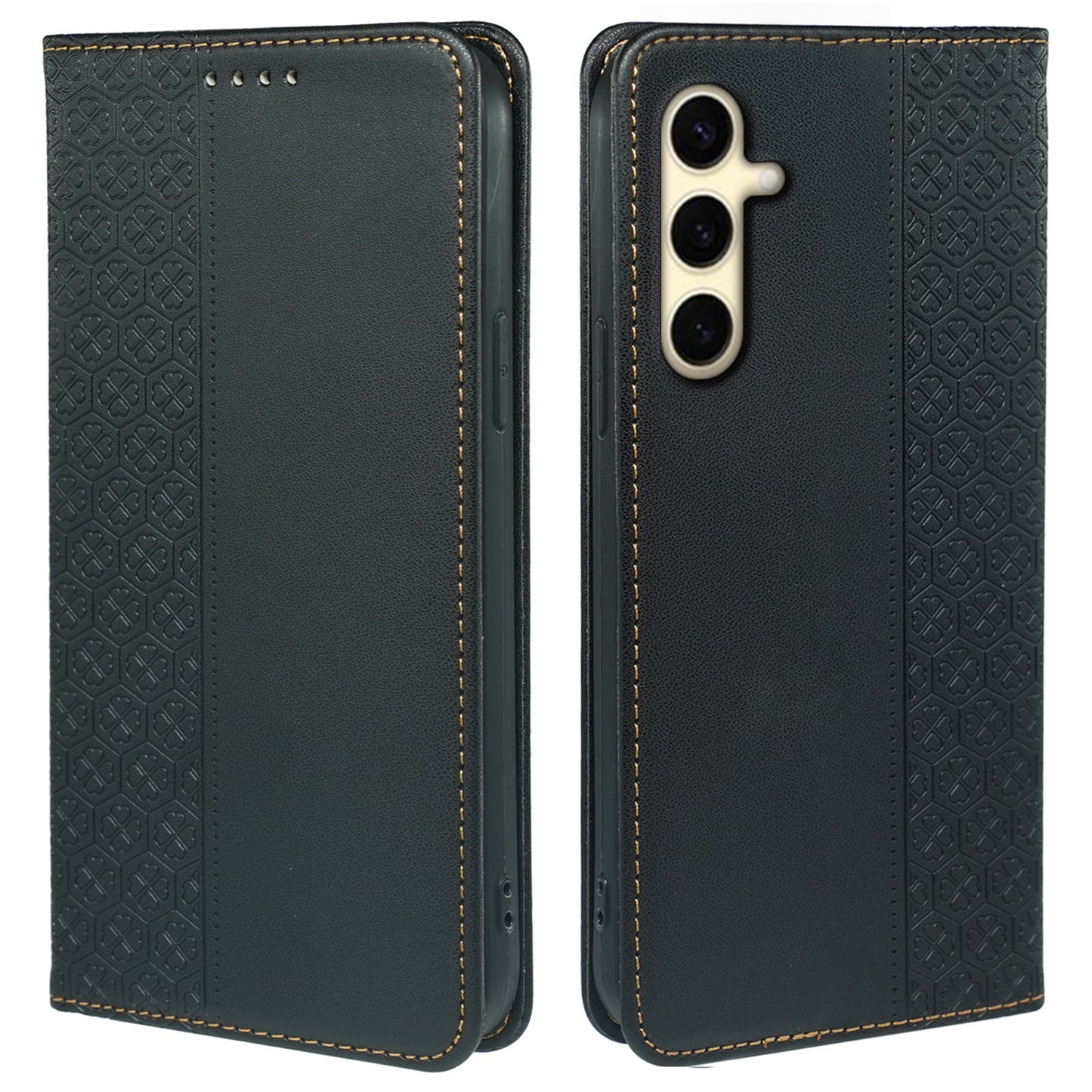 For Samsung Galaxy A16 5G / A16 4G Case Four-Leaf Clover Leather Flip Phone Cover Stand Wallet - Black