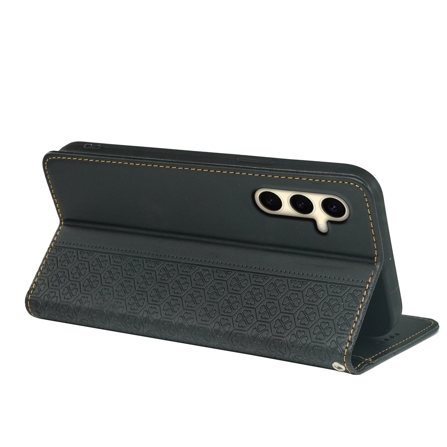 For Samsung Galaxy A16 5G / A16 4G Case Four-Leaf Clover Leather Flip Phone Cover Stand Wallet - Black