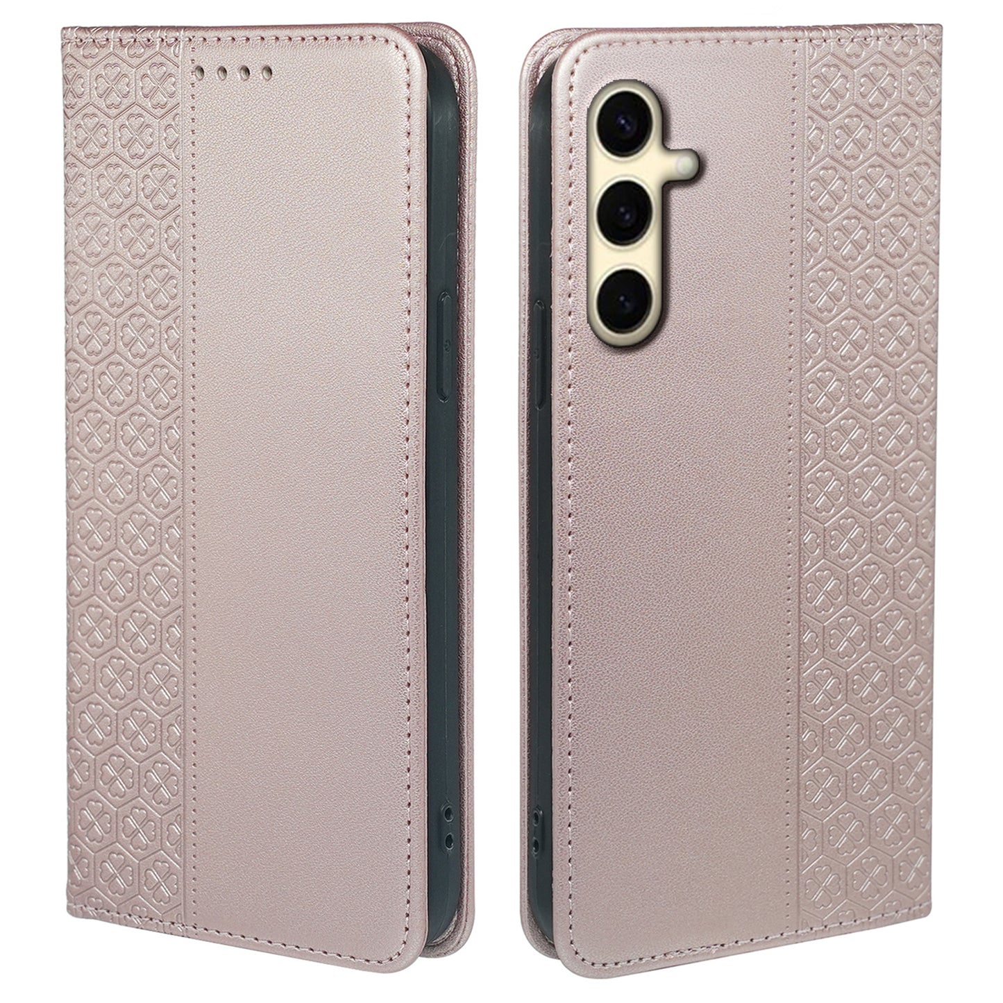 For Samsung Galaxy A16 5G / A16 4G Case Four-Leaf Clover Leather Flip Phone Cover Stand Wallet - Rose Gold