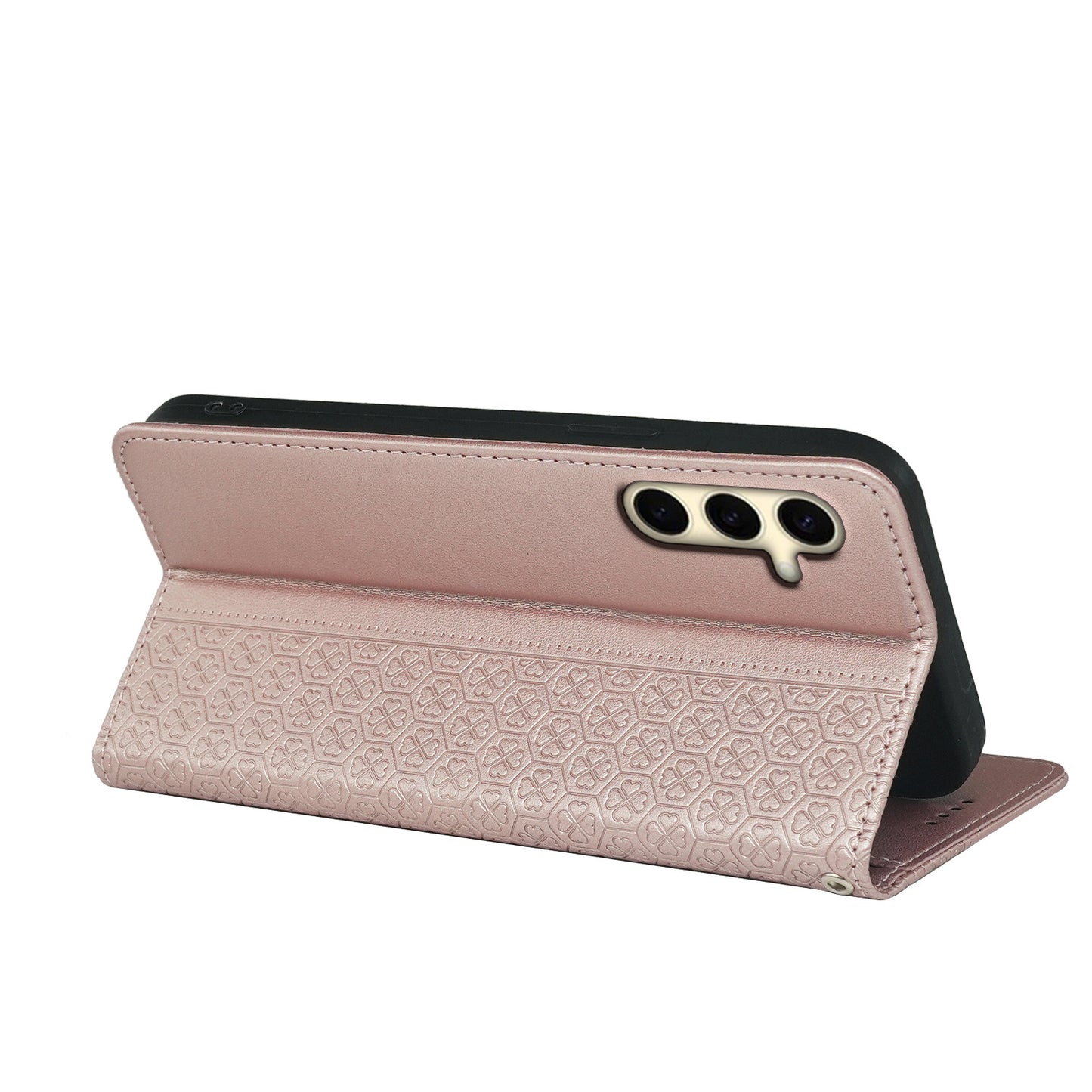 For Samsung Galaxy A16 5G / A16 4G Case Four-Leaf Clover Leather Flip Phone Cover Stand Wallet - Rose Gold