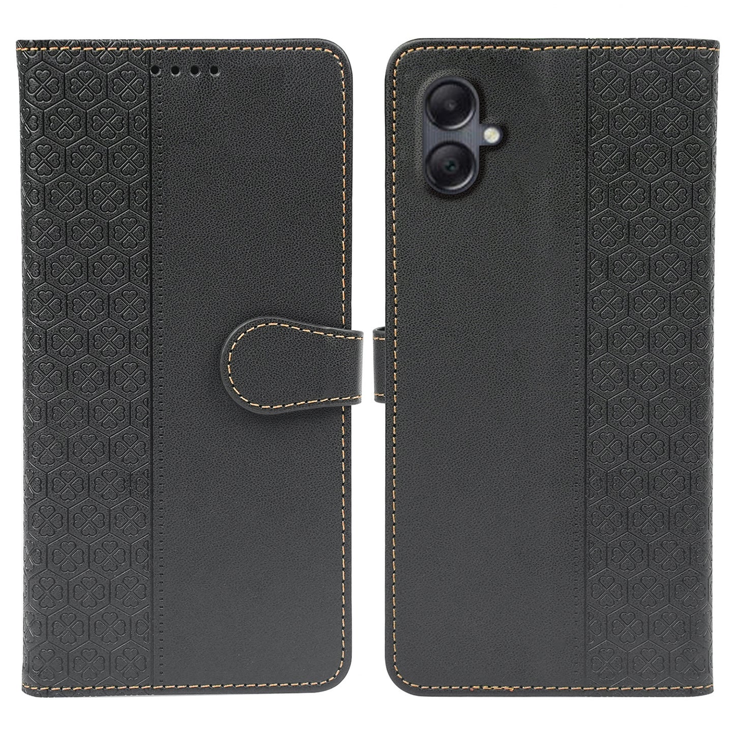 For Samsung Galaxy A06 Case Magnetic Clasp Four-Leaf Clover Leather Phone Cover - Black
