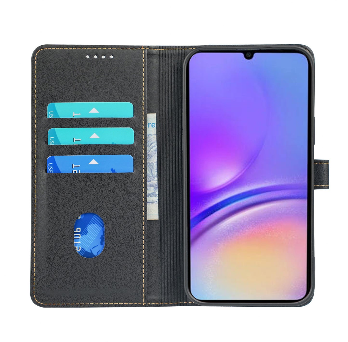 For Samsung Galaxy A06 Case Magnetic Clasp Four-Leaf Clover Leather Phone Cover - Black