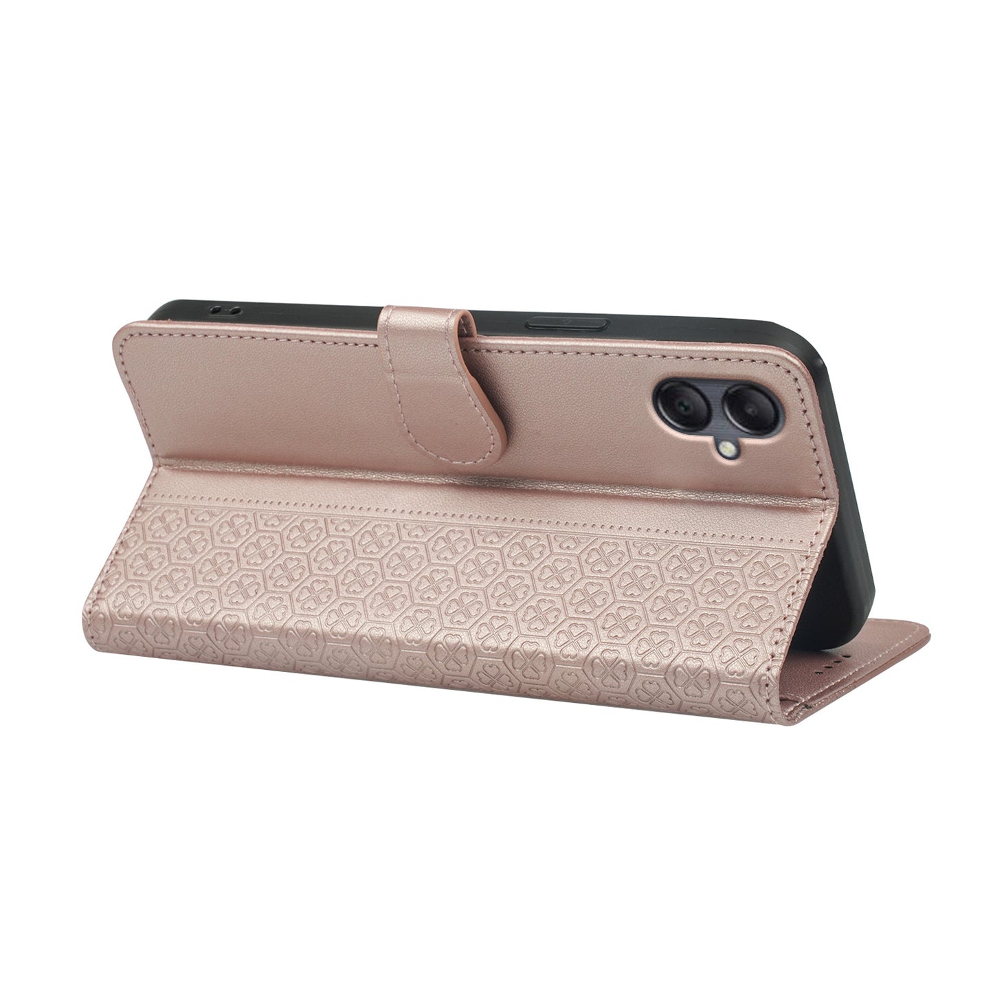 For Samsung Galaxy A06 Case Magnetic Clasp Four-Leaf Clover Leather Phone Cover - Rose Gold