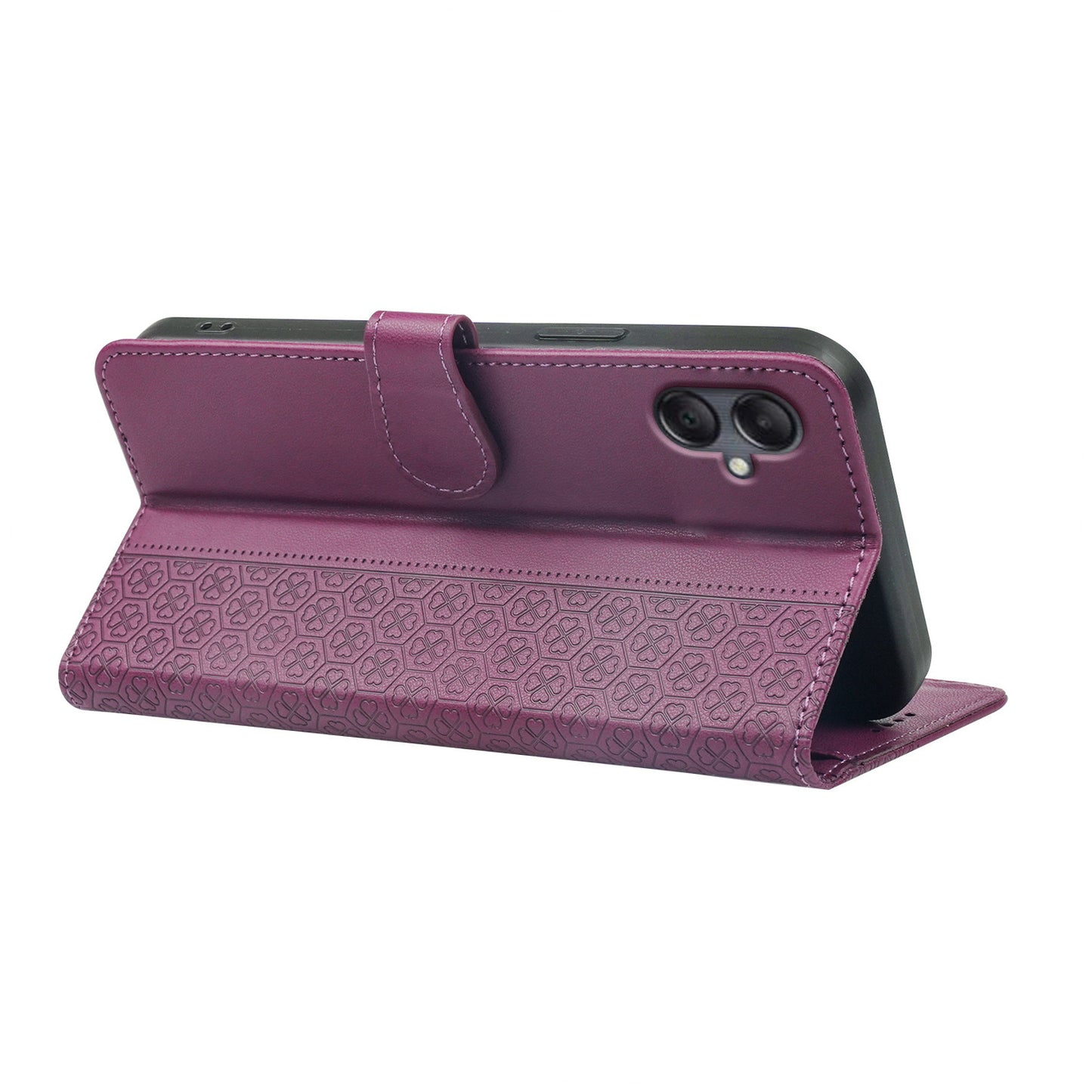 For Samsung Galaxy A06 Case Magnetic Clasp Four-Leaf Clover Leather Phone Cover - Dark Purple