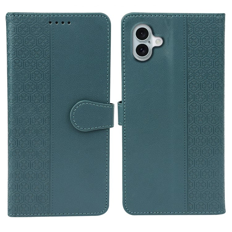 For iPhone 16 Plus Case Magnetic Clasp Four-Leaf Clover Leather Phone Cover - Green