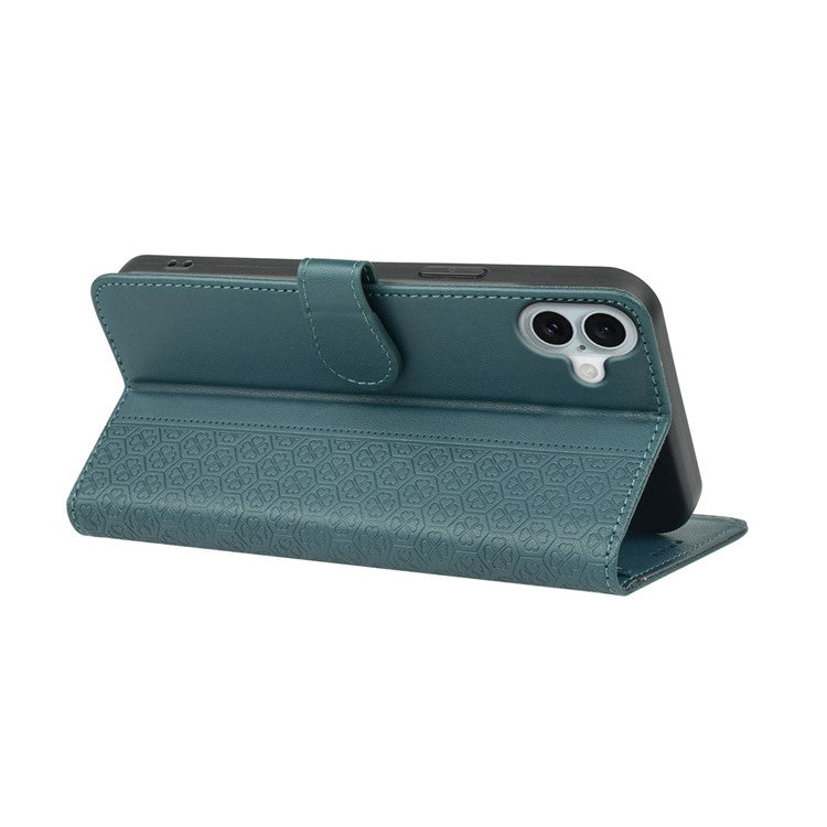 For iPhone 16 Plus Case Magnetic Clasp Four-Leaf Clover Leather Phone Cover - Green