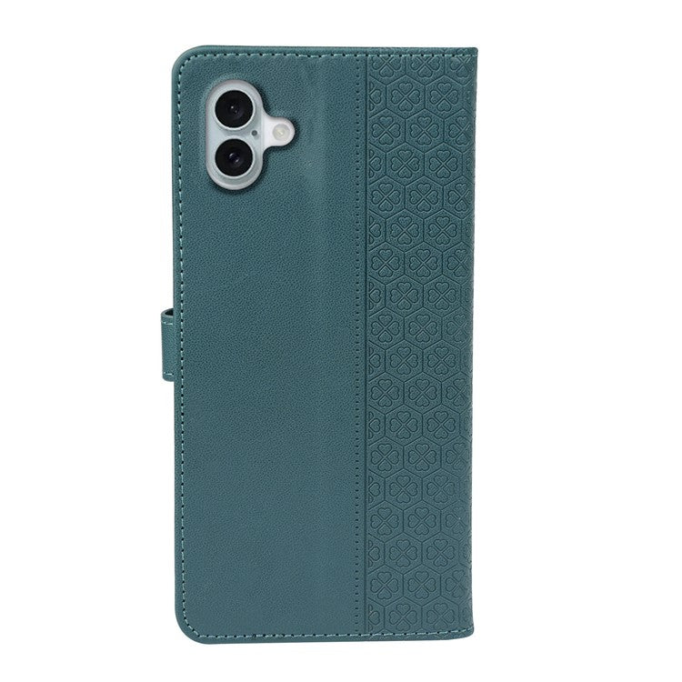 For iPhone 16 Plus Case Magnetic Clasp Four-Leaf Clover Leather Phone Cover - Green