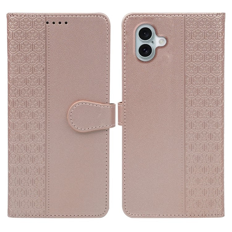 For iPhone 16 Plus Case Magnetic Clasp Four-Leaf Clover Leather Phone Cover - Rose Gold