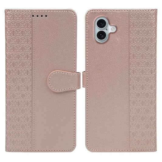 For iPhone 16 Plus Case Magnetic Clasp Four-Leaf Clover Leather Phone Cover - Rose Gold
